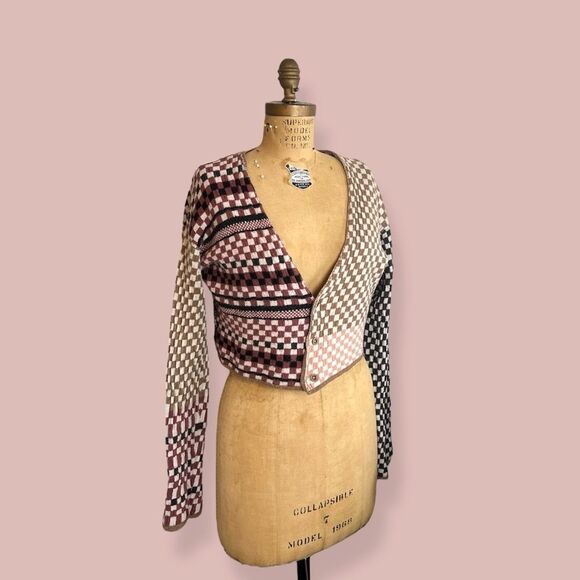 Free People Wool Blend Checkered Women's Long Sleeve Cropped Button Up Sweater - Picture 5 of 5